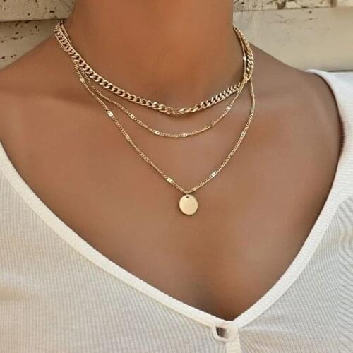 Fashion Gold Sequins Pendant Necklace for Women Thick Chain Multilayer Choker Necklace Set Vintage Jewelry Accessories