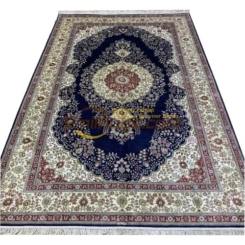 Pure Silk Blue Oversize Oriental Area Rug Handmade Qomm Big Persian Rug