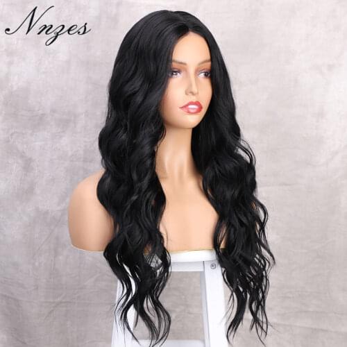 NNZES 26inches Long Water Wave Black Wig Middle Part Synthetic Wigs for Women Brown Red Purple Heat Resistant Fiber Hair
