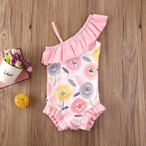 1-5Y Kids Girls Bikini Swimsuit One-Shoulder Ruffles Floral Swimwear Tankini Bodysuit Summer Bathing Suit Beachwear