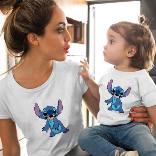 Funny Lilo & Stitch Printing Family Look Casual Loose Korean Summer Short-Sleeved Top Girl T-shirt Kids Tee Shirt Couple Clothes