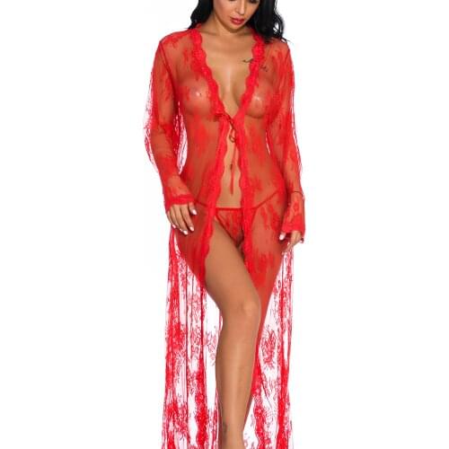 Womens Sexy Lace Casual Sleeping Wear, See-through Solid Color Nightgown Lingerie, Long Sleeve V-neck Lace-up Fashion Clothing