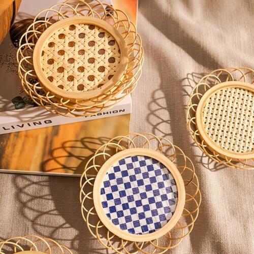 Drink Cup Coasters Japanese Style Bamboo Woven Saucer Mat Non-slip Pot Holder Rattan Woven Cup Mat Dining Table Placemat