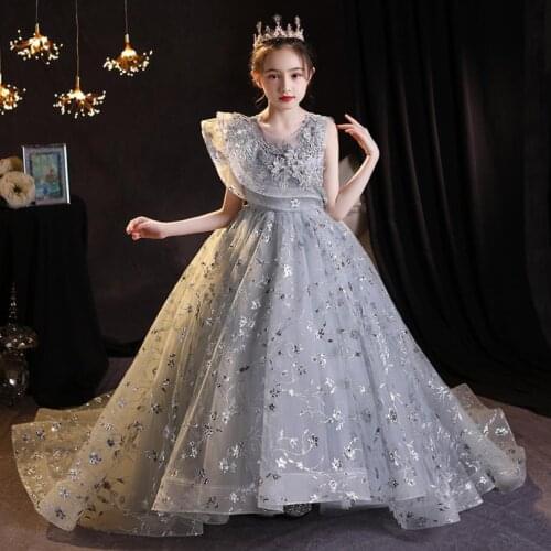 Luxury Children Sequined Appliques Evening Gown Wedding Birthday Party Princess Kids Piano Host Dresses For Girl Vestidos L1106