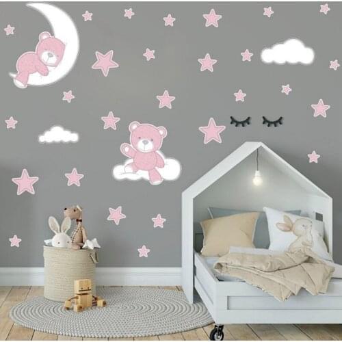 Cartoon Moon Stars Bear Wall Stickers For Kids Baby Room Home Decor Little Stars Wall Decals Baby Nursery DIY Vinyl Art Mural