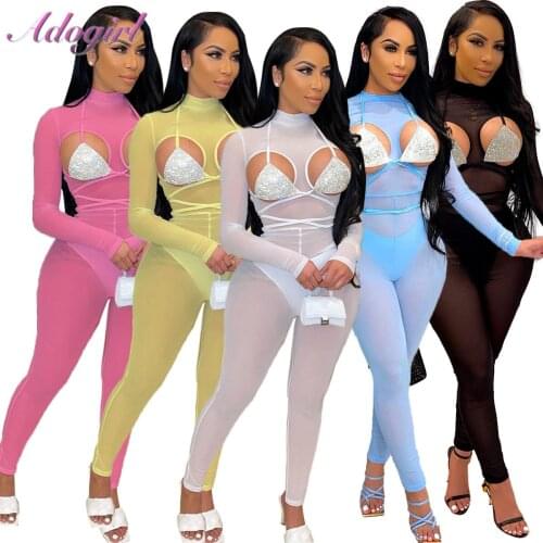 Sexy Lace Up Sequins Bra Hollow Out Sheer Mesh Party Club Jumpsuit Women Solid Long Sleeve Outfit Skinny Rompers Suit Overalls