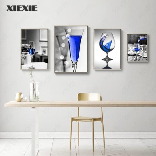 Vintage Romantic Blue Wine Glass Art Poster Prints Canvas Painting Kitchen Modern Wall Art Picture Living Dining Room Home Decor