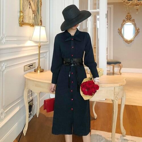 Big Swing Singer Button Long Dress Women Long Sleeve England Style Casual Elegant Dress Women with Sashes Solid Autumn Dresses