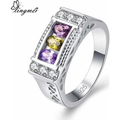 Lingmei New ful Beatiful Red Gold Champagne & Purple Olive Green White CZ Silver ColorRing Size 6-9 Women Jewelry