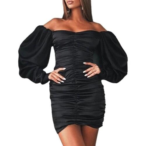 2021 Woman Solid Color Silk Long Puff Sleeves Short Dress Square Collar Pleated Sexy Mini Dress Bodycon Off-Shoulder Streetwear