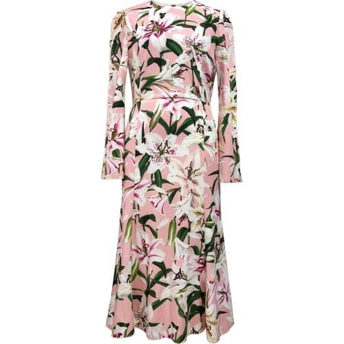 Autumn New Women Casual Customize Plus Size 3XS-10XL Long Sleeve Retro Vintage Lily Flower Print Long Mermaid Dress Black/Pink