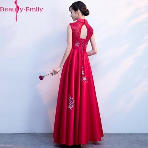 Beauty Emily Elegant Appliques Lace Sleeveless Evening Dress 2020 Romantic High Neck Lace Up Back Stain Burgundy Dress with Bow
