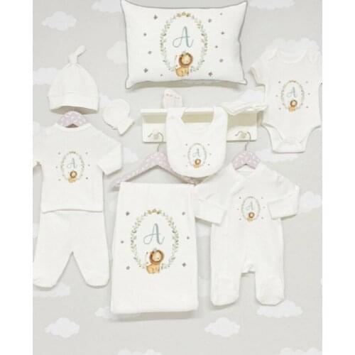 11 PIECES REQUESTED SINGLE LETTER PRINTED NEWBORN SET - HOSPITAL OUTFIT - ORGANIC COTTON - WITH BAG