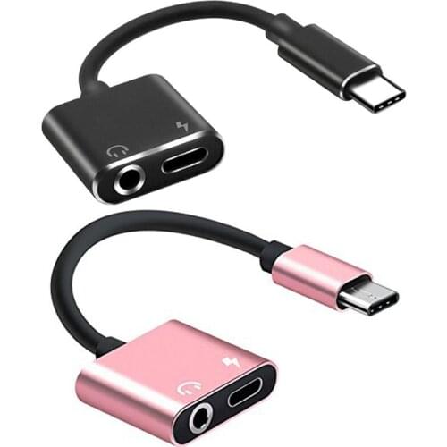 2pcs 2 In1 Type-C to 3.5mm Headphone Jack Adaptor/Connector Charger - black & Rose gold