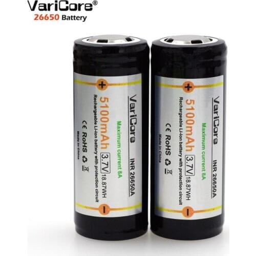 2 PCS .. VariCore Protection 26650 5100 mAh 3.7 V Lithium Ion Rechargeable Battery with PCB 8A 3.6V Battery for Flashlight