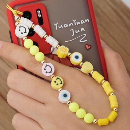 2021 Wrist Chain for Phone Holder Crystal Summer Beach Phone Chains Cute Smile Strap Women Yellow Polymer Clay Beads Lanyard