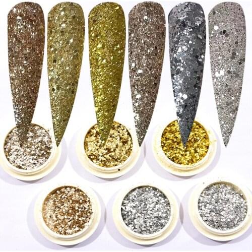 6Pots/Set Hexagon Nail Glitter Sequins Mixd size 3D Gold & Silver Champagne Glitter Flakes For Manicure Nail Art Decoration