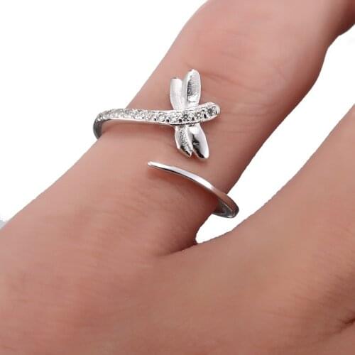 AMORUI Romantic Dragonfly Rings Silver Color Zircon Animal Ring For Women Wedding Party Statement Jewelry Adjustable Size
