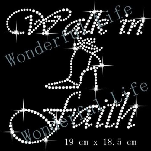 Free shipping hotfix rhinestone Iron On bling transfer design walk in faith high heel shoes for ladys