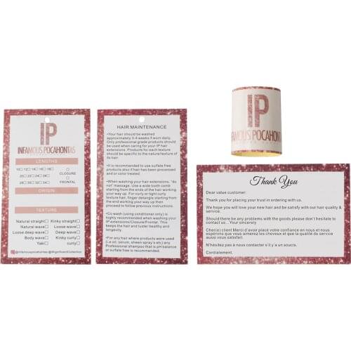 Custom brand name logo printing Thank you name card,shipping swing paper hang tag,hair extensions bundles wrap stickers labels