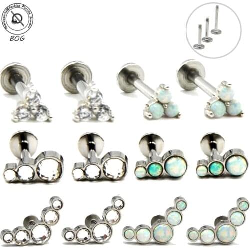 BOG-1PC Trio Fire Snow Opal Clear CZ Gem Labret Stud Ring Ear Cartilage Tragus Jewelry Opal&Zircon Labret Lip Ring Piercing 16g