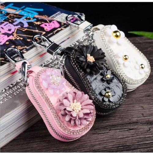 Flower Pink Black White Leather Car Key Bag Case Cover Shiny Rhinestone Inlaid Zipper Car Accessories Car Key Holder Chain