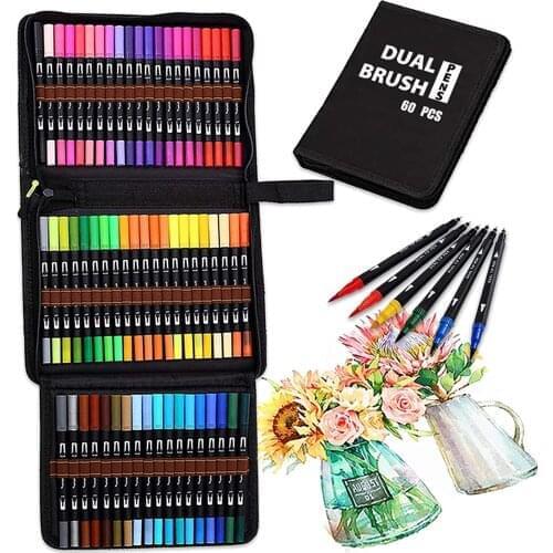 Dual Brush Marker Pens 60 Colors for Kids & Adults, Fine Tip Markers & Brush Tip Pens Coloring Drawing Markers Art Supplies for