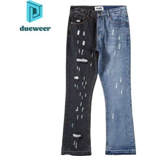 Dueweer Black Blue Patchwork Flared Jeans Streetwear Hip Hop Wide Leg Jeans Wash Ripped Men Colorblocked Denim Jeans Vintage