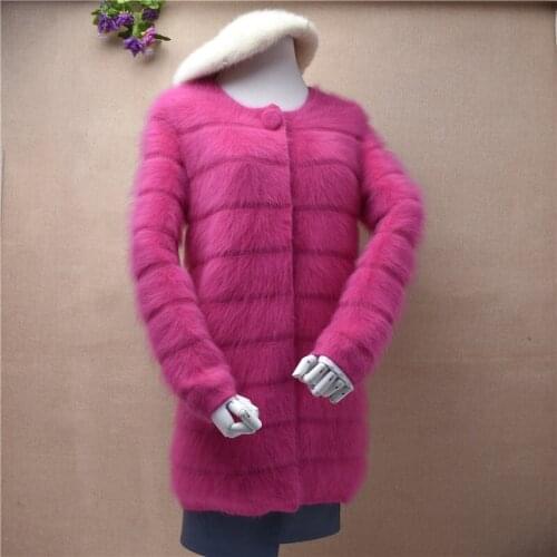 Elegant ladies women cardigans medium-long rabbit fur coat long sleeve christmas mink cahsmere slim o-neck overcoat hand knitted