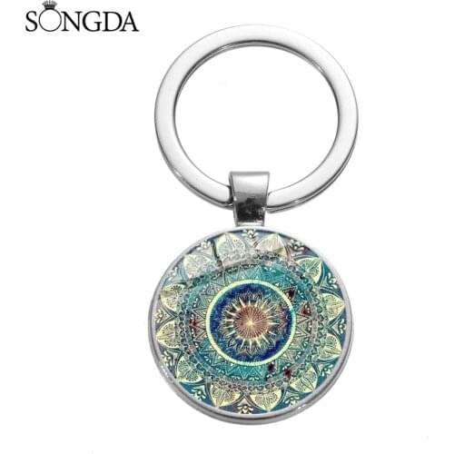 Indian Bohemian Mandala Keychain Handmade Art Picture Glass Cabochon Pendant Key Ring Yoga Om Buddhist Key Chain Ornament