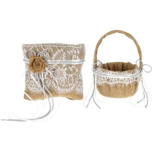 Bridal Wedding Ceremony Pocket Ring Bearer Pillow With White Lace Cushion With Flower Basket Elegant Wedding Decoration