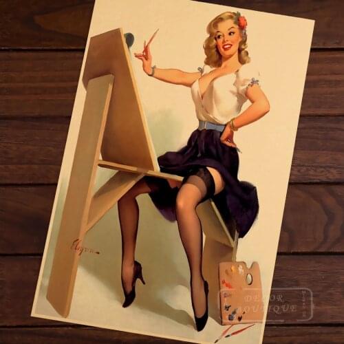 Fun Girl is Painting Pop Pin-Up Vintage Poster Classic Retro Kraft Canvas Maps Wall Sticker Home Bar Posters DIY Decor Gift