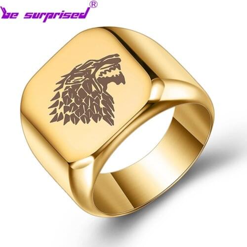 New personality retro punk style laser logo wolf head stainless steel ring mens domineering titanium steel ring wild