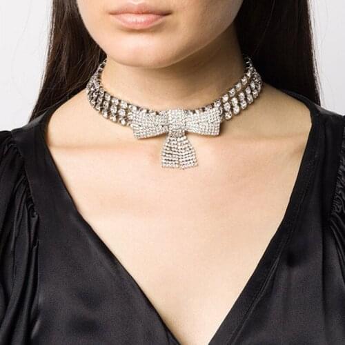 Korean fashion Bowknot Necklace Clavicle Chain Full Rhinestone Chokers Woman Trendy multiple coat nightclub Party