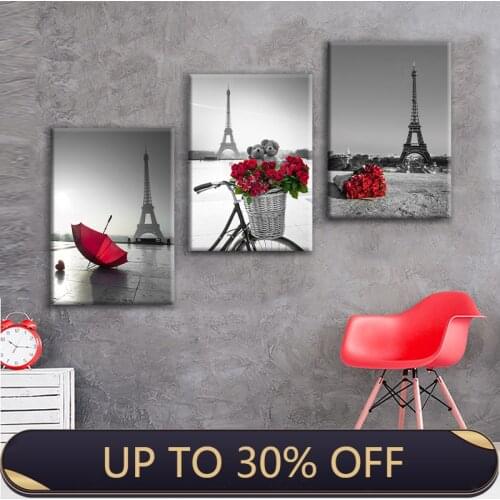 Red umbrella Rose Black White Paris Tower Landscape Poster Prints Canvas Painting Art Wall Picture Living Room Home Decor