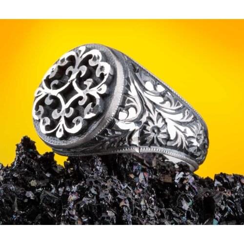 Men Flower Motif Round Ring Ottoman Model Ring Solid 925 Sterling Silver Vintage Patterned Silver Men Ring 925k Silver