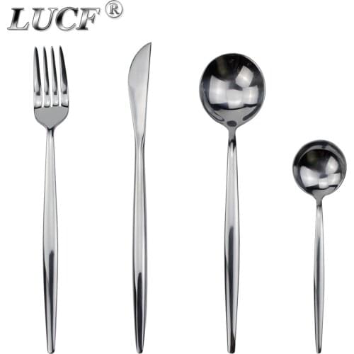 LUCF Hot Famous Design Stainless Steel Cutlery Sets Dinnerware Set Dishwasher Safe Fashion Rounded Spoons Silverware For Kitchen