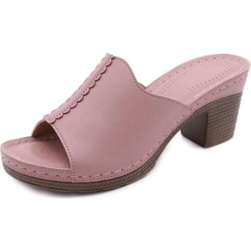 Thick heel New Summer Sandals Comfortable Versatile High-heeled Sandal Casual Outdoor Solid Color Plus Size Shoes slippers q262