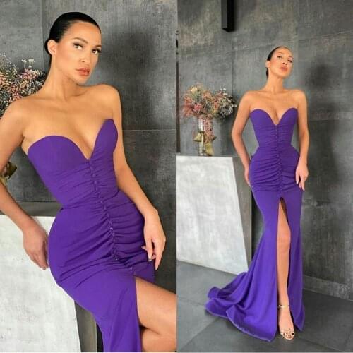 Stunning Purple Evening Gowns 2020 Pleats Sweetheart Mermaid Prom Dresses High Front Split Custom Made Robe De Soirée