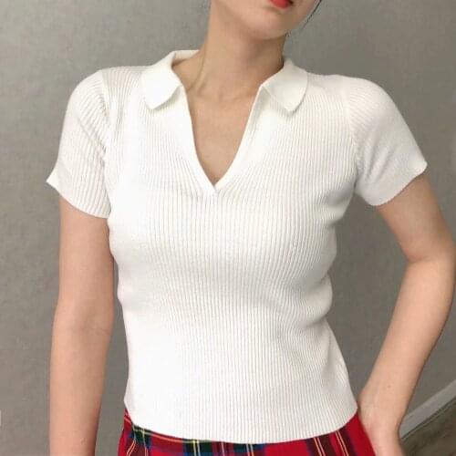 Casual Women Soft Cotton Polo Collar T-shirt 2021 Summer Fashion Ladies High Street Slim T-shirt Female Solid Color T-shirt Top