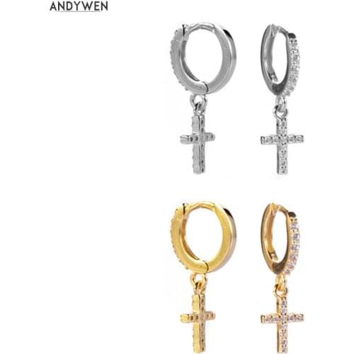 ANDYWEN 925 Sterling Silver Cross Drop Earring Zircon Pave CZ Crystal Luxury Women Luxury Jewelry Piercing Ohrringe Pendiente