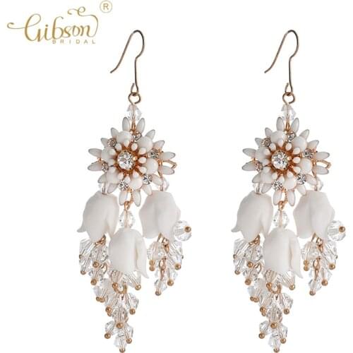 Elegant Bridal Earring White Ceramic Flower Crystal Wedding Pendant Earrings Women Girl Jewelry Accessories