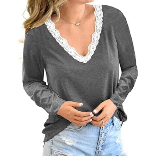 Spring Autumn Womens Baggy Tee Shirts Fashion Lace Patchwork V-Neck Long Sleeve Black Tops Femme Casual Cotton Plus Size T Shirt