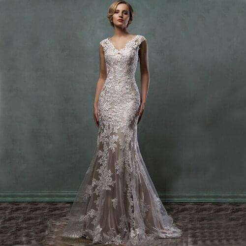 Vintage Amelia Sposa Full Lace Appliques Mermaid Wedding Dresses 2020 V-Neck Court Train Wedding Bridal Party Gowns