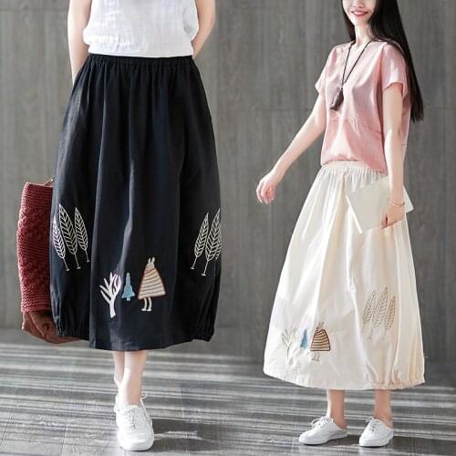 Summer Cotton and Linen Skirts for Women Loose Embroidery Casual Fashion Vintage Floral Art Long Skirt Femme 2019