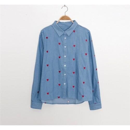 Ladies 2021 Spring New Cotton Denim Love Embroidery Blouse Shirt Lapel Long-sleeve Top