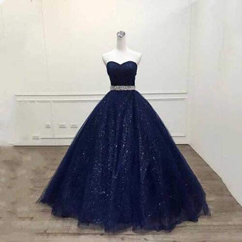 Vestido De Noiva 2021 Shine Navy Blue Princess Ball Gown Pleat Evening Dress Plus Size Custom Made Robe De Mariage