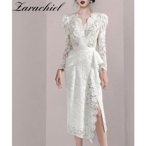 White Sexy Elegant Lace Slit Midi Dress 2021 Summer Women Long Sleeve V-Neck Floral Crochet Hollow Out Solid Draped Vestidos