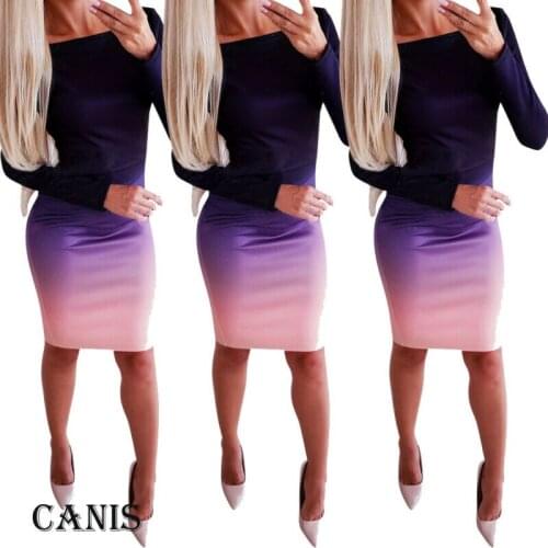 2020 Bodycon Gradient Mini Dress Women Summer O Collar Long Sleeve Sexy Club Casual Gradient Party Dresses