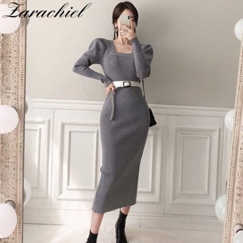 2021 Autumn Winter Square Collar Long Puff Sleeve Package Hip Sweater Dress Sashes Belted Sexy Split Female Knitted Maxi Vestido